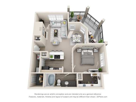 Floor Plan  A 3D floor plan of a house with a kitchen, living room, and bathrooms.
