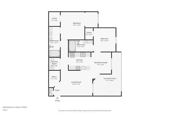 A floor plan of apartment layout with two bedrooms, two bathrooms, a living room, a kitchen, a breakfast nook, an office, and a laundry room.