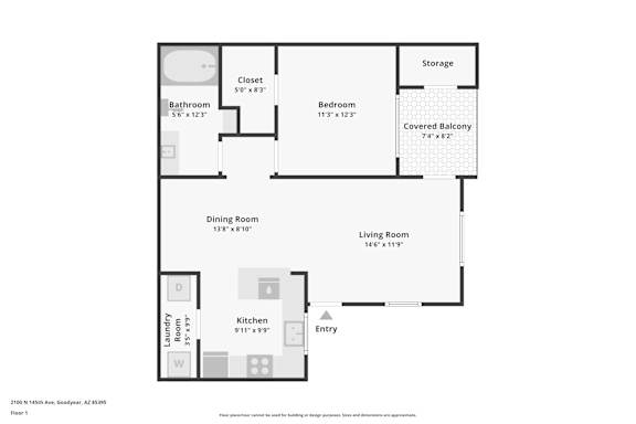 A floor plan of a 2100 square foot home with a living room, dining room, kitchen, two bedrooms, a bathroom, a storage area, and a covered balcony.