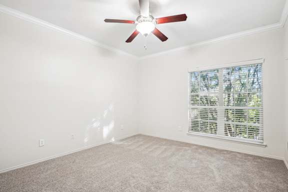 A room with a ceiling fan and a window with blinds.