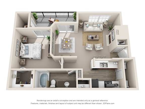 A 3D floor plan of a house with a kitchen, living room, and bathroom.