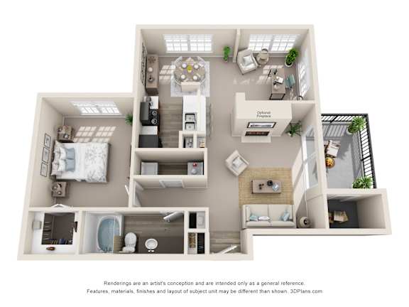 A 3D floor plan of a house with a living room, dining room, kitchen, and two bedrooms.