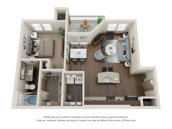 this is a 3d floor plan of a 752 square foot 1 bedroom apartment at the