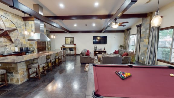 clubroom with entertainment kitchen and pool table at The Canyons Apartments, Fort Worth, 76116