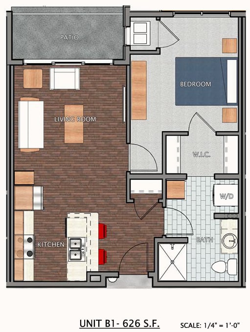 A floor plan of a one bedroom apartment with a living room, kitchen, and bathroom.