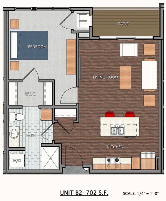 A floor plan of a small apartment with a living room, kitchen, bathroom, and bedroom.
