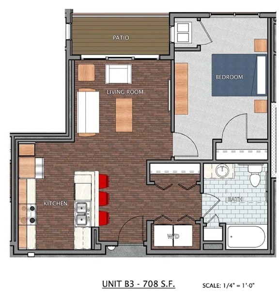 A floor plan of a small apartment with a living room, kitchen, bedroom, and bathroom.