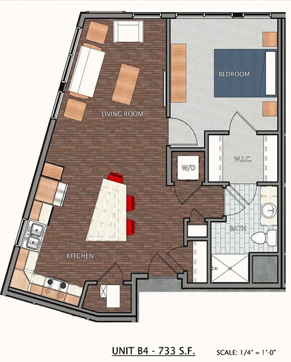 A floor plan of a unit with a living room, kitchen, and bedroom.