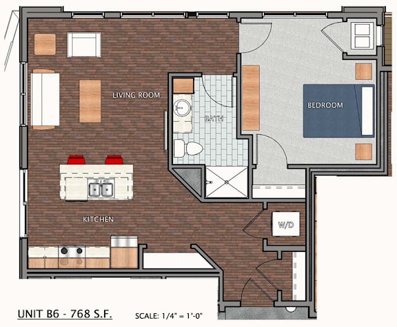A floor plan of a small apartment with a living room, kitchen, bathroom, and bedroom.