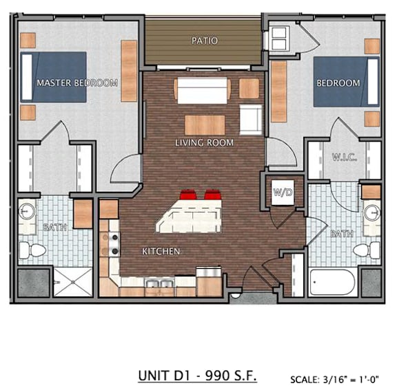 A floor plan of a unit with a kitchen, living room, bedrooms and a bathroom.