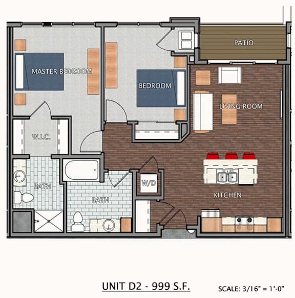 A floor plan of a two bedroom apartment with a living room and kitchen.
