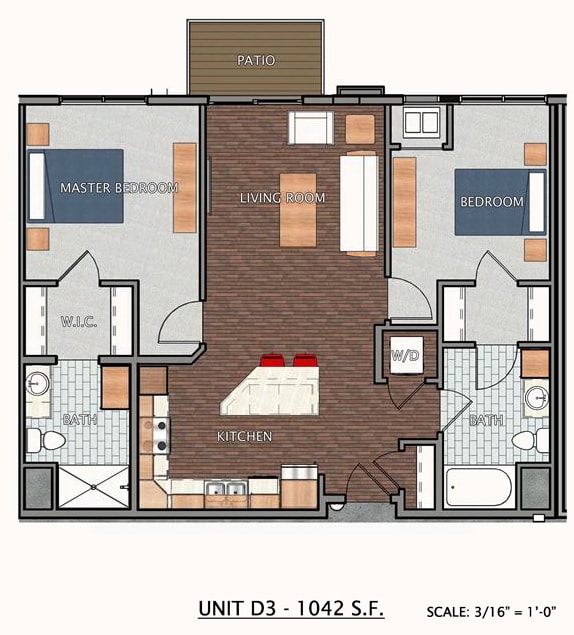 A floor plan of a unit with a master bedroom, living room, kitchen, and bathrooms.