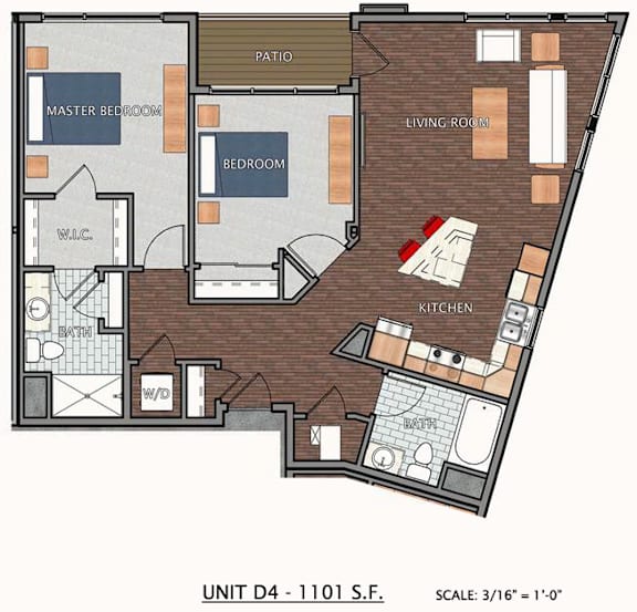 A floor plan of a unit with a master bedroom, living room, kitchen, and bathroom.