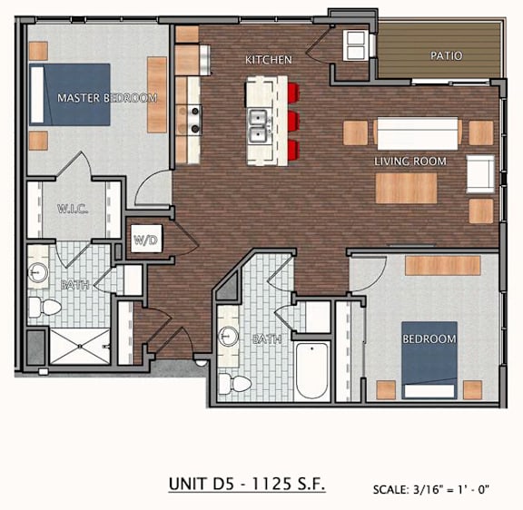 A floor plan of a unit with a kitchen, living room, and bathrooms.