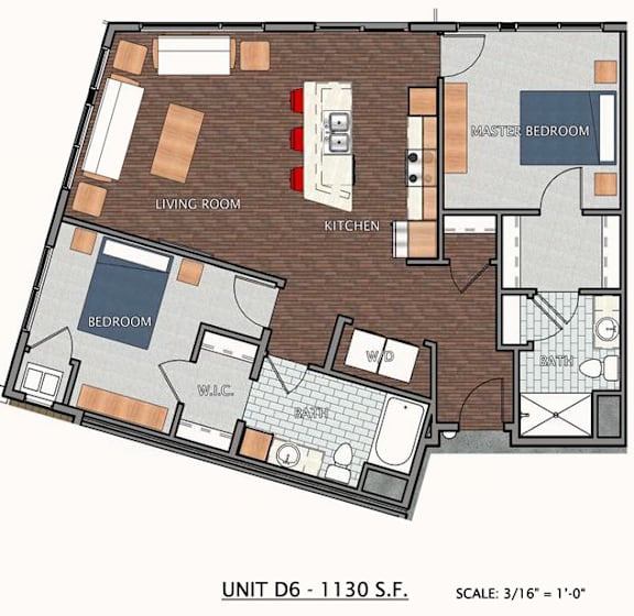 A floor plan of a unit with a living room, kitchen, two bedrooms, and a bathroom.