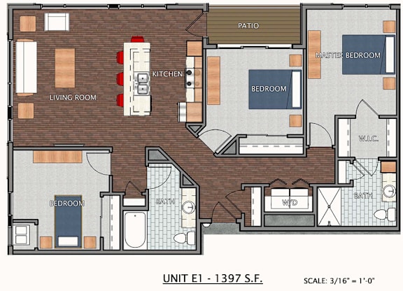 A floor plan of a small apartment with a living room, kitchen, dining room, and bedrooms.