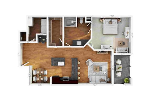 A floor plan of a house with a living room, dining room, kitchen, and two bedrooms.