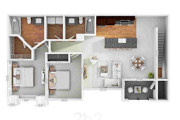A floor plan of a house with a living room, kitchen, and two bedrooms.
