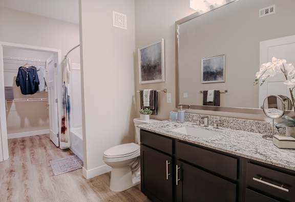 Modern Bathroom with Framed Mirror at Level 25 at The Curve by Picerne, Nevada