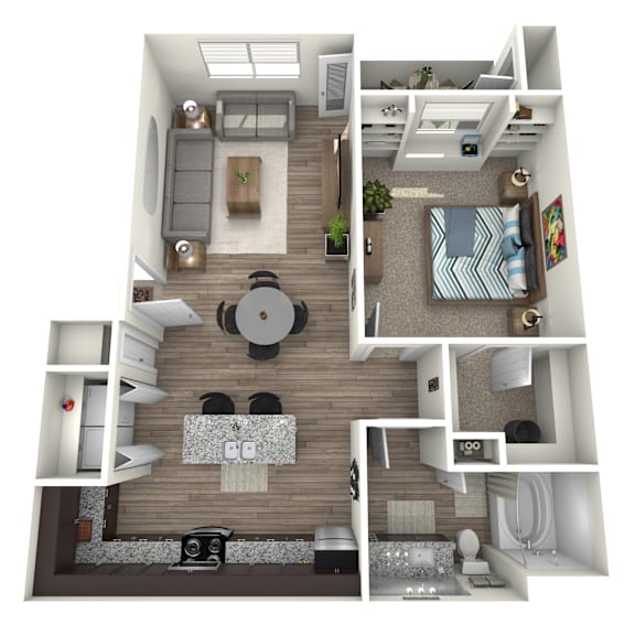 A 3D floor plan of a small apartment with a kitchen, living room, and bedroom.