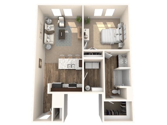 A 3D floor plan of a small apartment with a living room, kitchen, and bedroom.