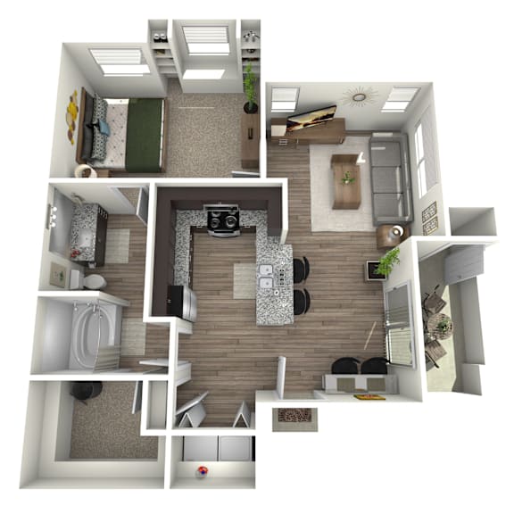 A 3D floor plan of a small apartment with a kitchen, living room, and bathroom.