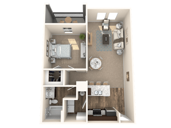 A 3D floor plan of a small apartment with a bedroom, living room, and kitchen.
