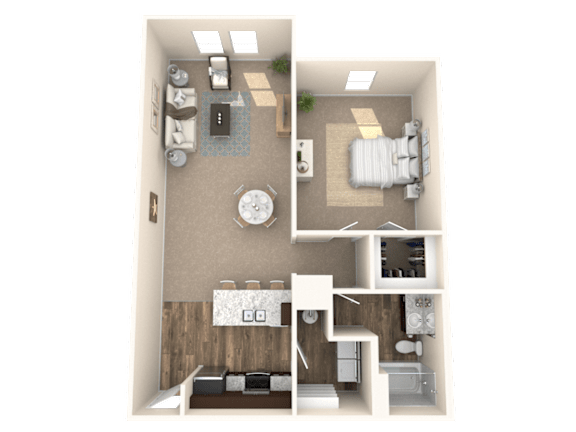 A 3D floor plan of a small apartment with a living room, kitchen, and bedroom.