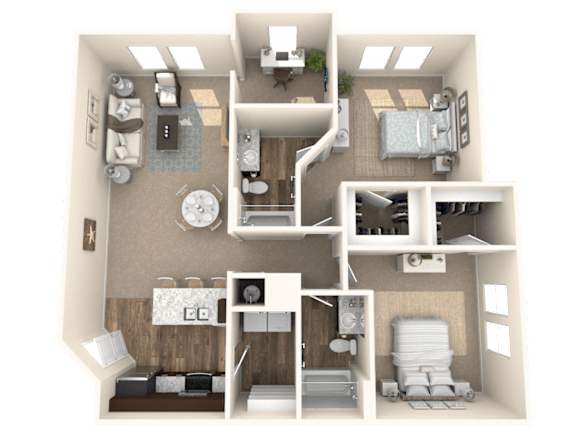 A 3D floor plan of a house with multiple rooms and furniture.