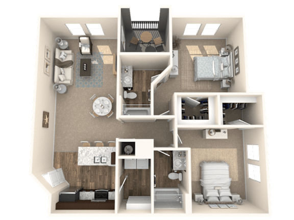 A 3D floor plan of a house with a kitchen, living room, and bedrooms.