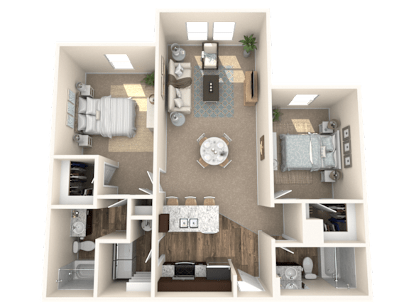 A 3D floor plan of a house showing a living room, kitchen, dining room, and bedrooms.