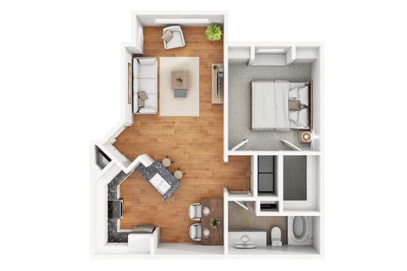 a stylized floor plan with a bedroom and a living room