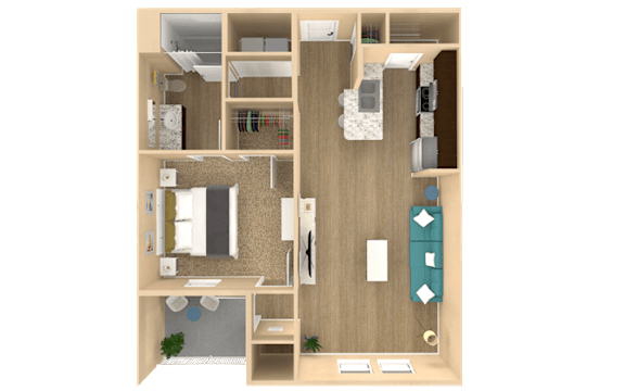 Floor Plan  A 3D rendered image of a small apartment layout.