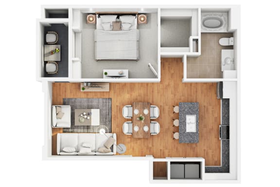 a stylized floor plan of a home with a bedroom and living room