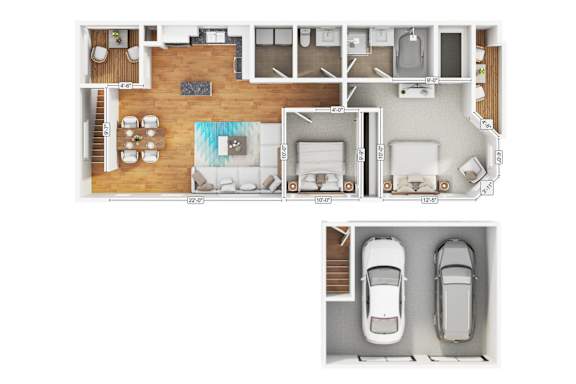 A floor plan of a loft apartment home with two bedrooms, two bathrooms, a living room, a kitchen, and a garage for two cars.