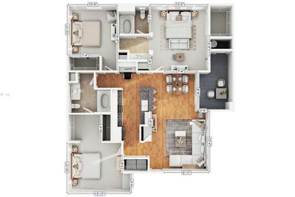 A floor plan of a house with a kitchen, living room, dining room, and two bedrooms.