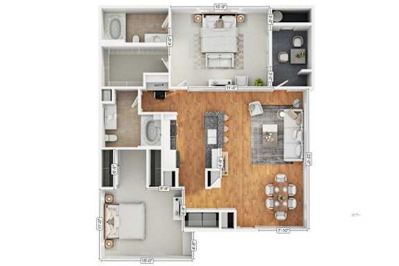 A floor plan of an apartment with a living room, kitchen, and two bedrooms.