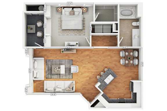 A floor plan of a two-story apartment with a living room, kitchen, and bathroom on the first floor, and a bedroom with a bathroom on the second floor.