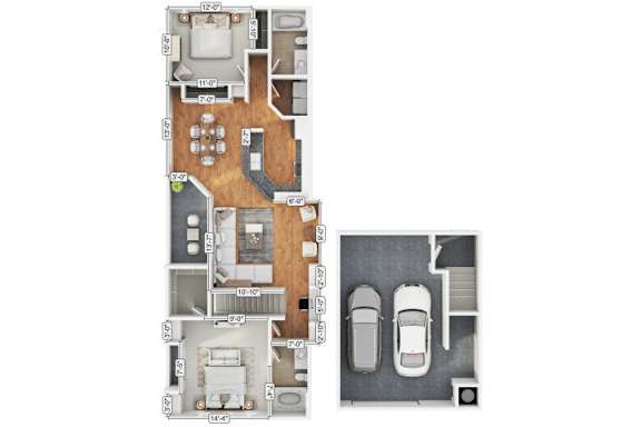 A floor plan of a house with a garage and a car.