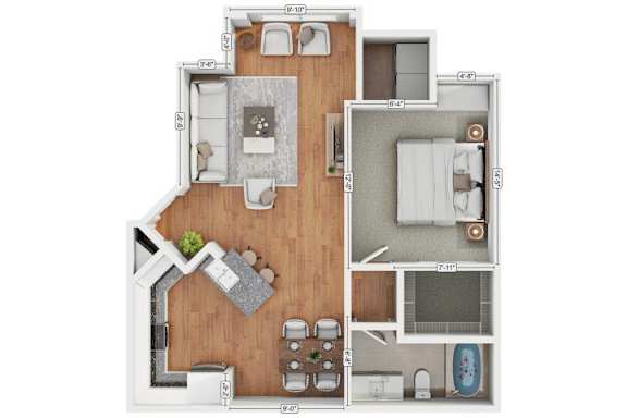 A floor plan of a house with a kitchen, living room, dining room, and two bedrooms.