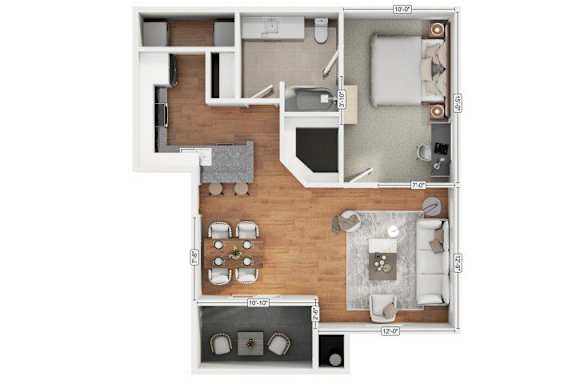 A floor plan of a small apartment with a kitchen, living room, and bathroom.
