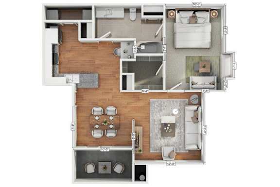 A floor plan of a house with a kitchen, living room, dining room, and bathrooms.