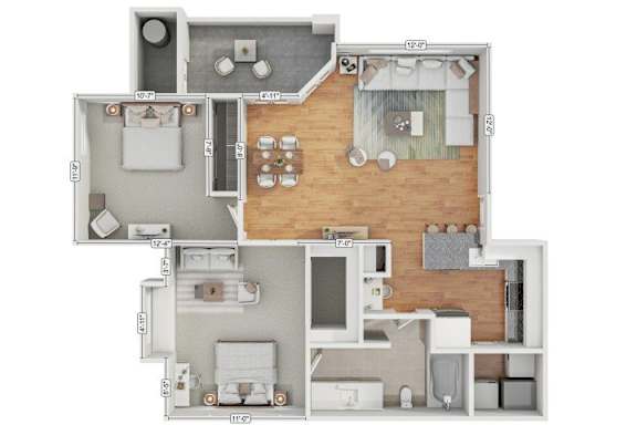 A floor plan of a house with a kitchen, living room, and two bedrooms.