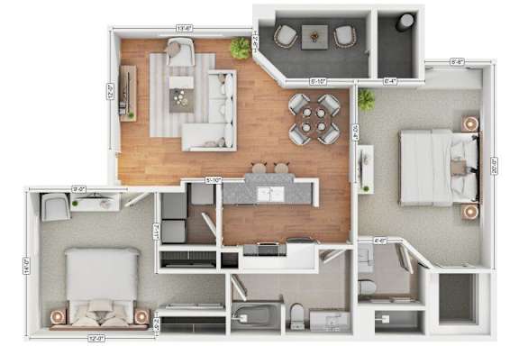 A floor plan of a house with a living room, kitchen, dining room, and bedrooms.