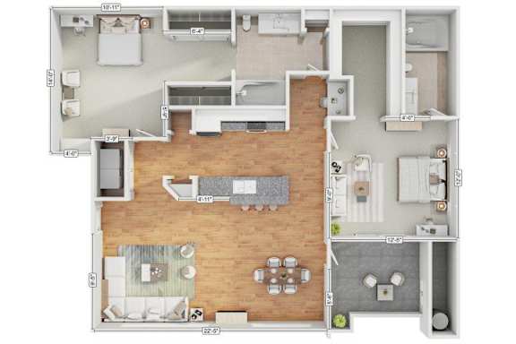 A floor plan of an apartment with a living room, kitchen, and dining area.