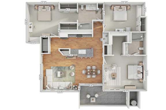 A floor plan of an apartment with a living room, kitchen, and two bedrooms.