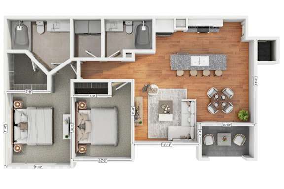 A floor plan of a house with two bedrooms, a living room, a kitchen, and a bathroom.