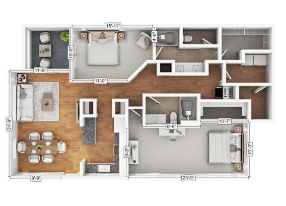 A floor plan of an apartment with dimensions of each room.