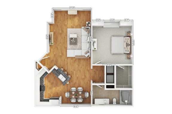 A floor plan of a house with a kitchen, living room, and two bedrooms.