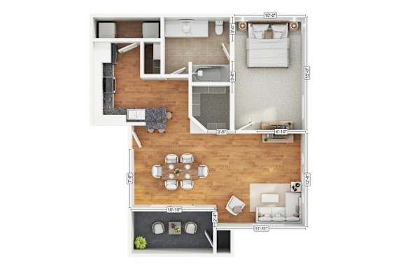 A floor plan of a small apartment with a kitchen, living room, and bathroom.
